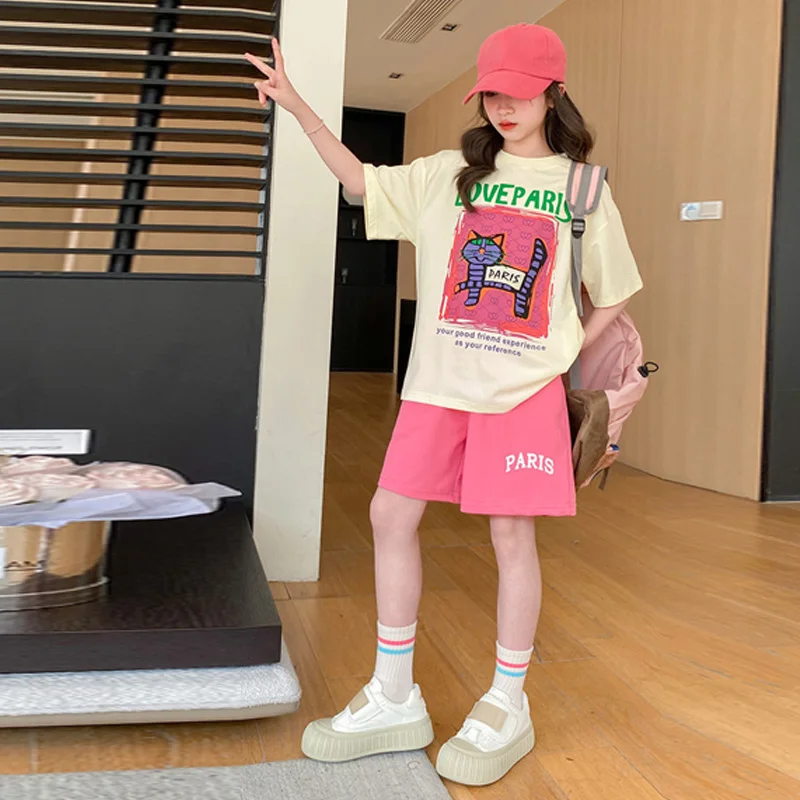 

Летние спортивные комплекты для девочек, повседневные костюмы из 2 предметов с короткими рукавами и принтом, футболки и шорты с героями мультфильмов для больших детей, одежда с милым принтом для подростков