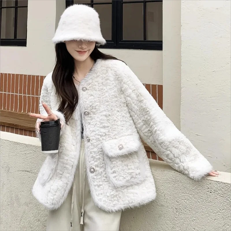 

Faux Fur Coat Cardigans for Woman Elegant Winter Overcoat Warm Long Sleeve V Neck Fur Jackets