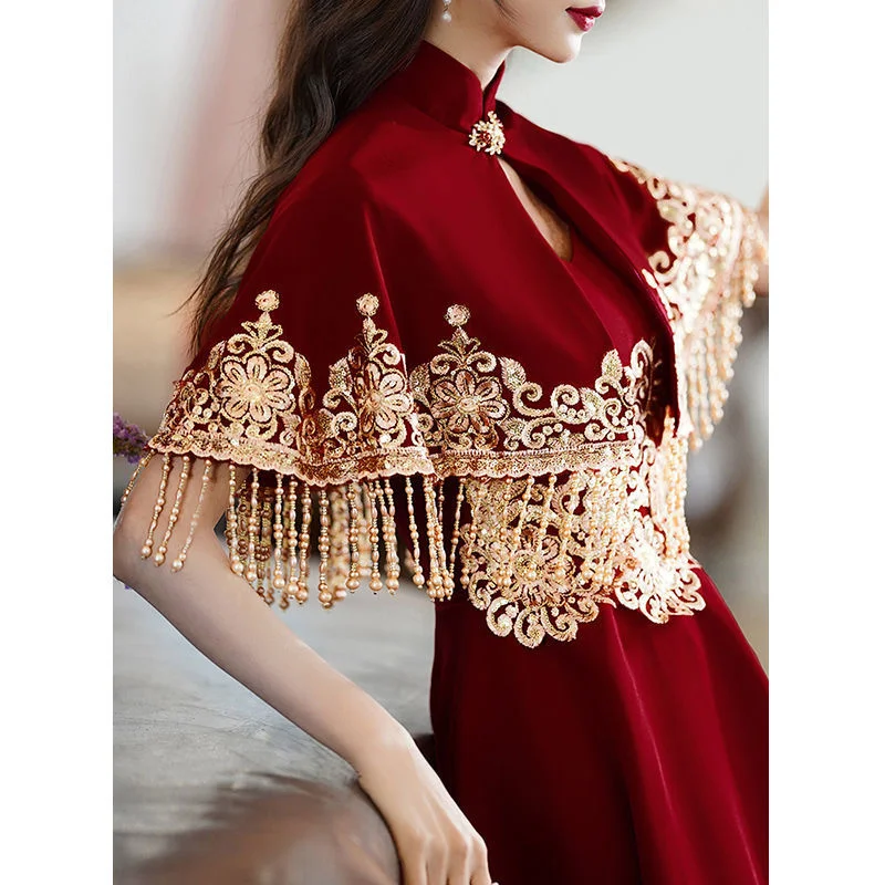 

Wine Red Tassel Shawl Qipao 2 Piece Set Chinese Wedding Dress Banquet Evening Dress Women Modern Improve Retro Slim Cheongsam