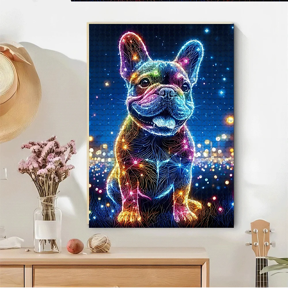 1000/500pcs French Bulldog Neon Glow-in-the-Dark Jigsaw Puzzle - Large Group Activity for Adults & Families, Challenging 3D Ni