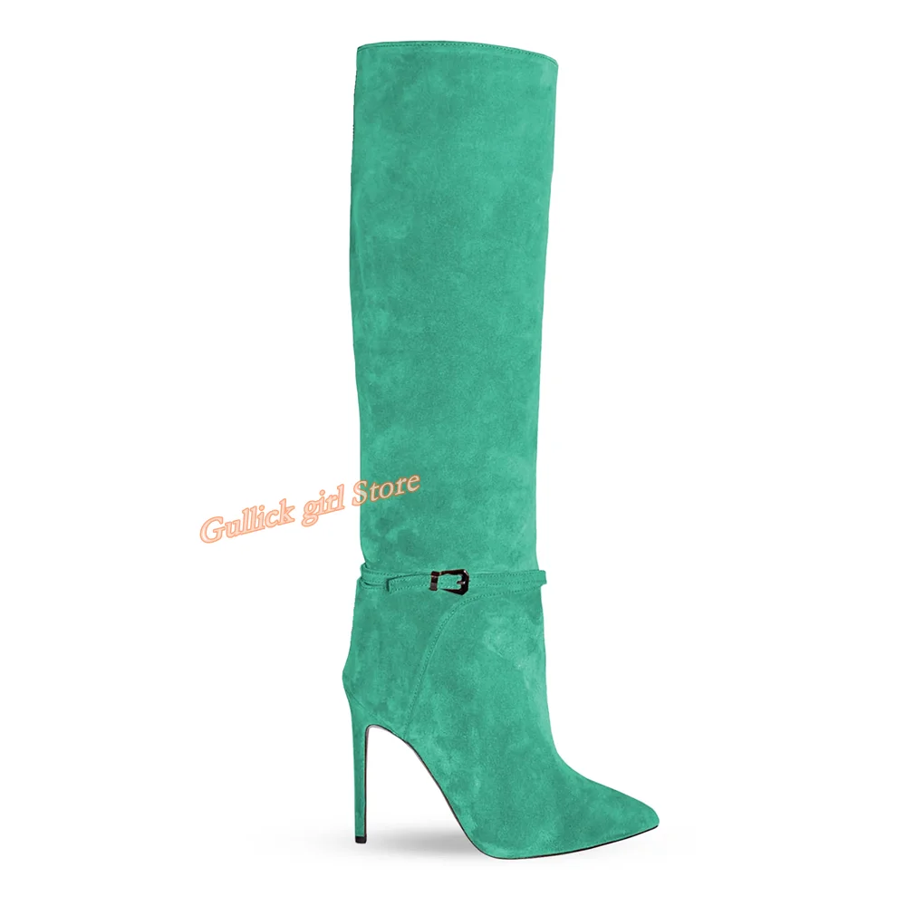 

Green Suede Knee High Boots Stiletto Thin High Heel Sexy Pointy Toe Runway 2026 Winter Autumn Women Dress Shoes Buckle Strap