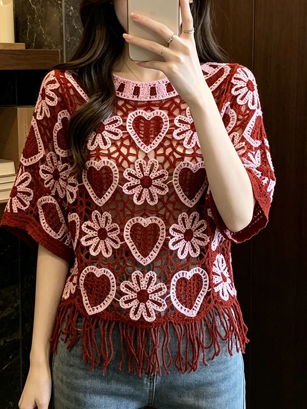 

Large Size Tassel Hollow Knitted Summer Top Casual Loose Slimming Women's round Neck Short Sleeve Commute Style Korean Fashion