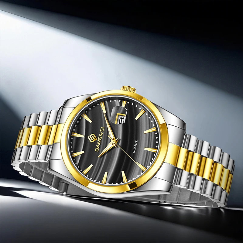 BANGWEI 2025 Gold Men Watch Stainless Steel Wrist Watch Calendar quartz wristwatch Luminous Watch for Men clock Montre Homme+BOX