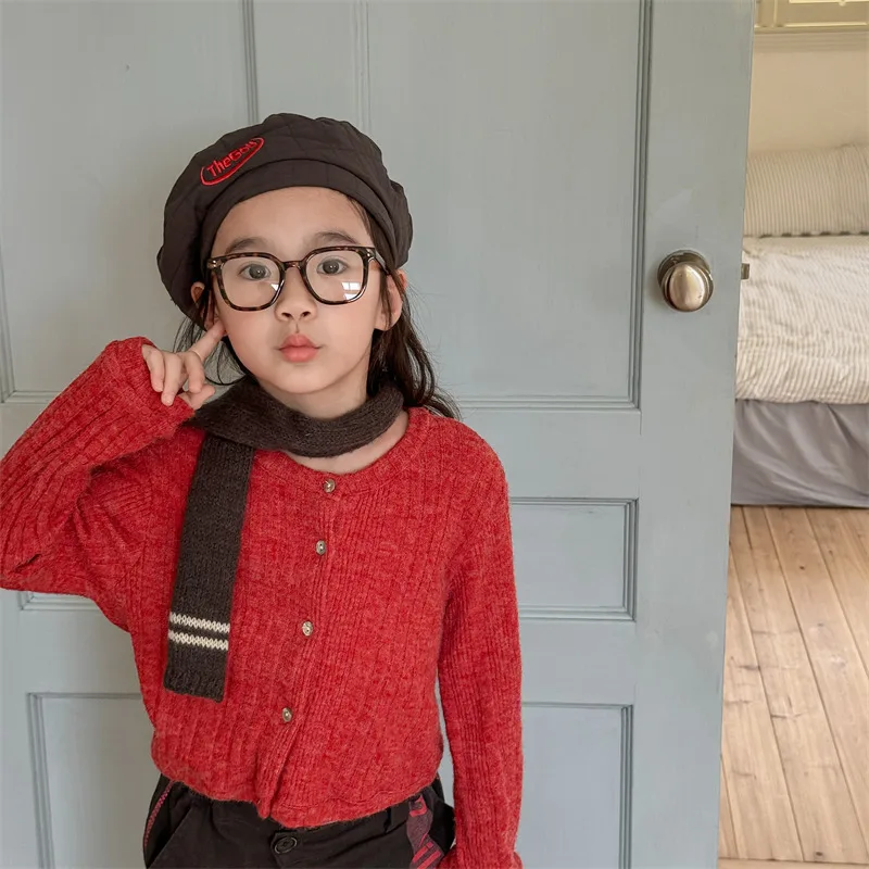 

Girls Top 2026 Spring New Korean Edition Solid Color Knitted Cardigan Casual Fashion Versatile and Simple Wear