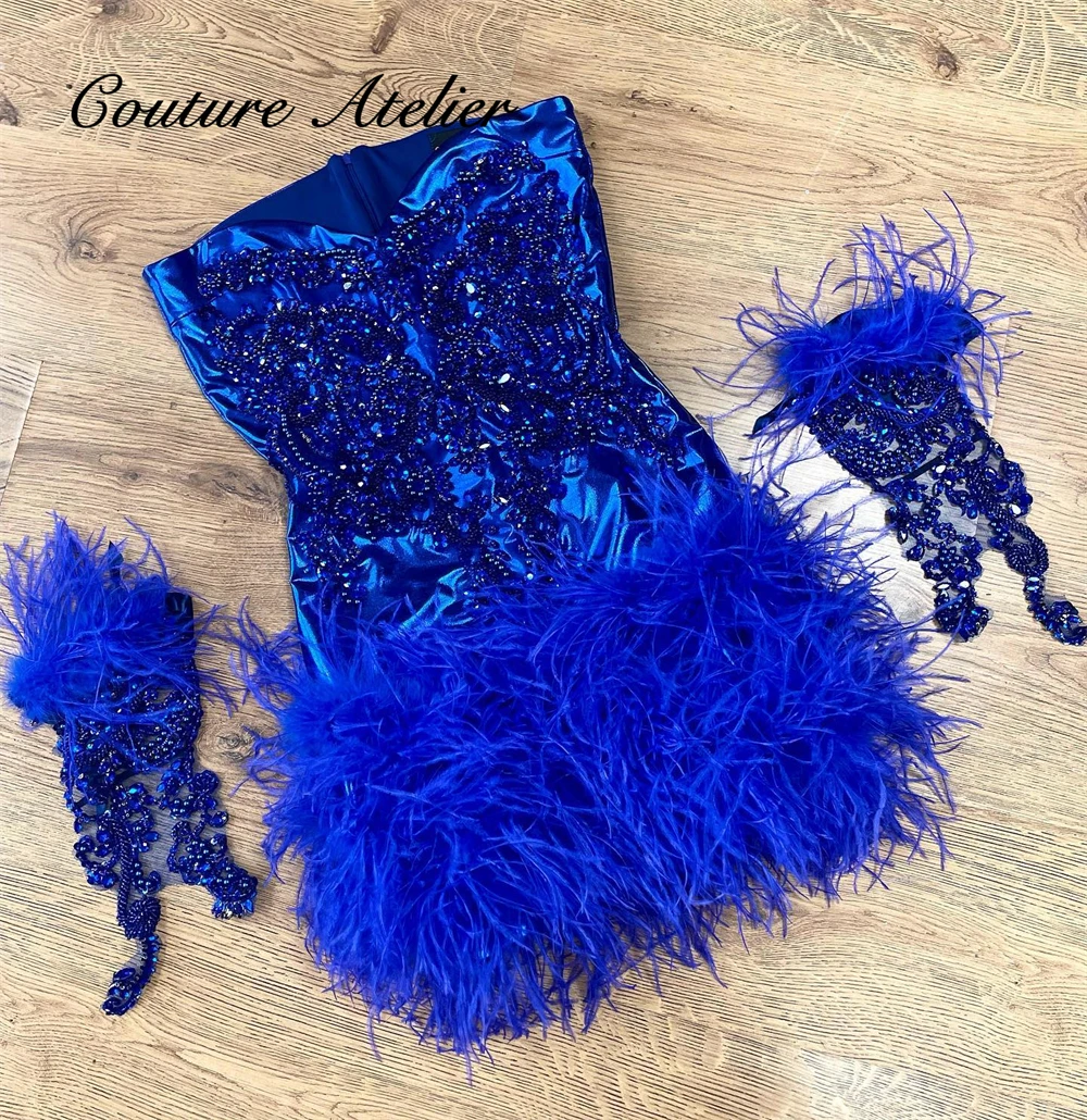 King Blue Feathers Birthday Prom Dresses 2024 Luxury Beaded Rhinestones With Gloves Black Girls Mini Cocktail Gowns Customized