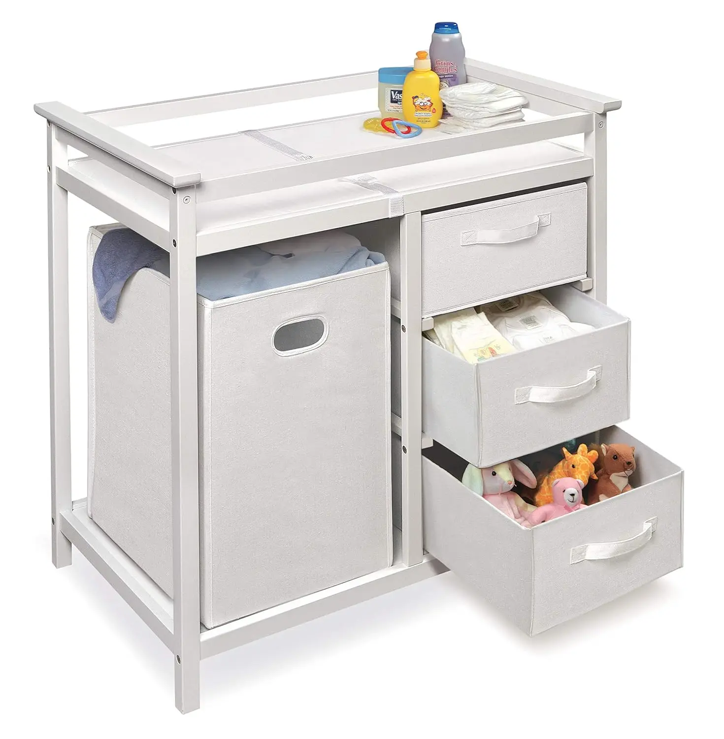 Modern Baby Changing Table com cesto de roupa suja, 3 gavetas de armazenamento e almofada, fralda Change Station, branco e branco cesta