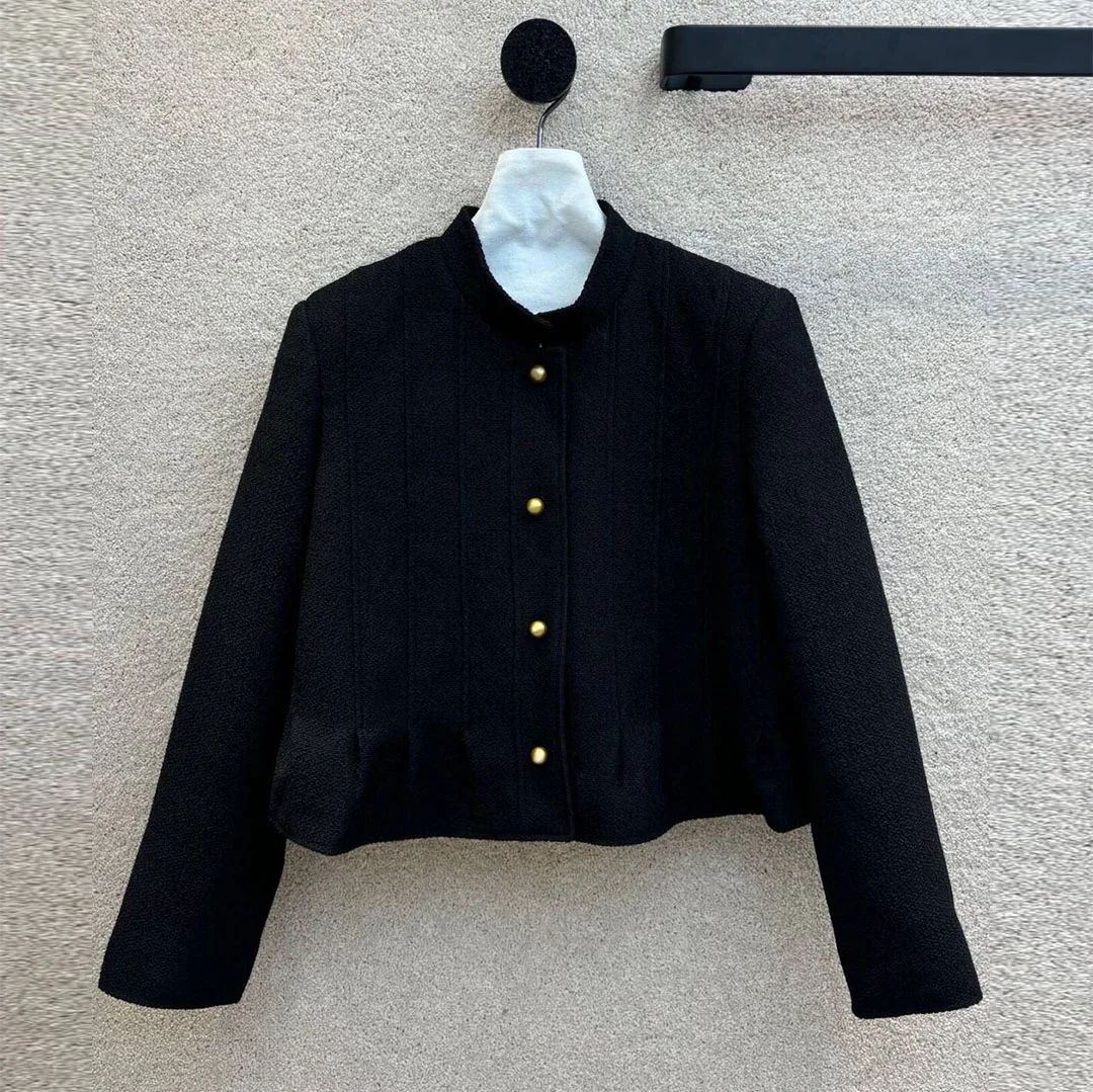 New Fashion Solid Wool Blends Short Design Tweed Jacket Women Stand Collar Gold Buttons Long Sleeve Ruffles Patchwork Retro Coat