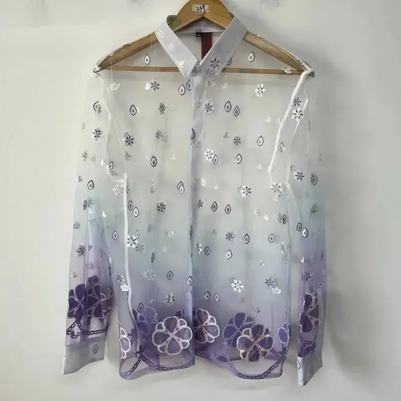 Fashion Printed Sheer Mesh Men's Shirts Niche Design Loose-fitting Versatile Shirt 2026 Summer New Long Sleeve Tops 5GR6