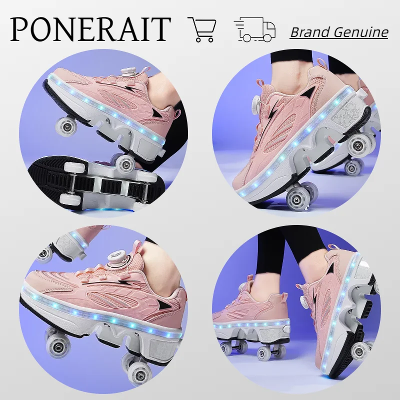 PONERAIT Shoes With Wheel PU leather Knob Adjustment Roller Sneakers New Deform Parkour Skates Shoes For Girls Special Gift