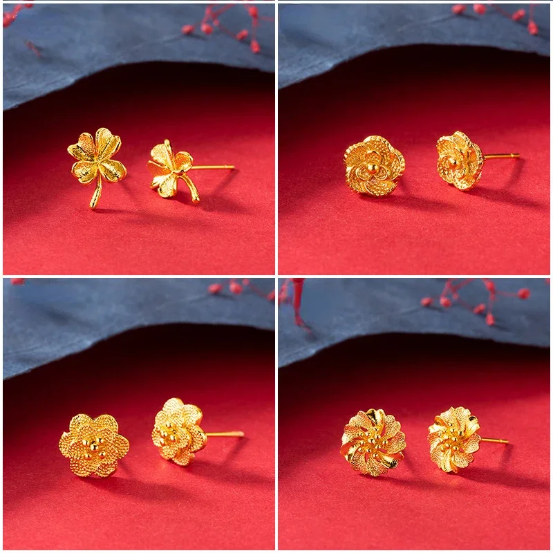 

Genuine 14K Gold Color Bauhinia Frosted Exquisite Flower Stud Earrubf Trendy Design Earrings for Women Fine Jewelry Gifts