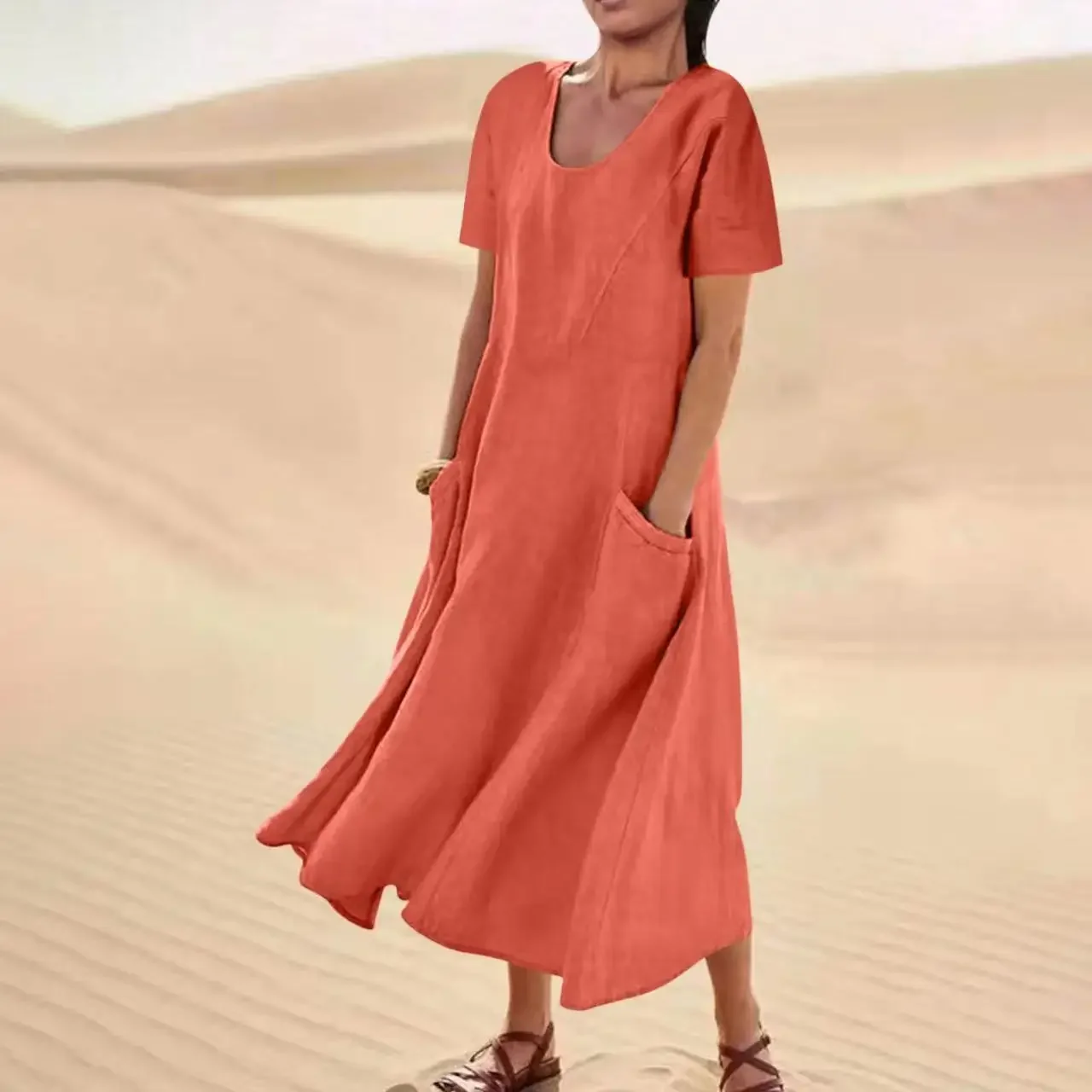 

Solid color cotton linen pocket short sleeve crew neck dress women's wear