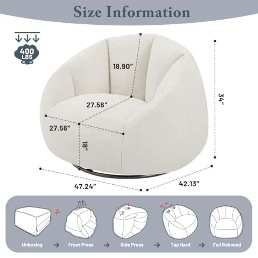 Swivel Giant Bean Bag Chair for Adults - Comfy Plush Round Shell Soft Accent Chair, Oversized Cozy Floor Sofa for Living Room,