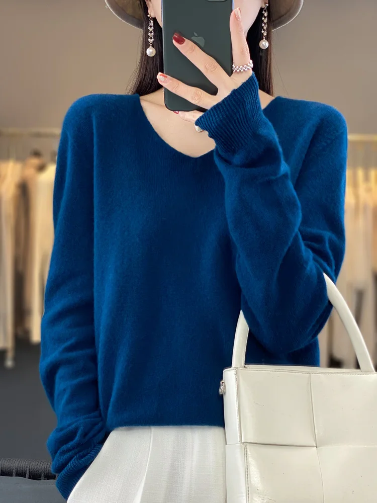 Jersey de lana merina con cuello en V para mujer, suéter de cachemira básico informal, Tops elegantes sólidos, ropa de moda, otoño e invierno, 100%
