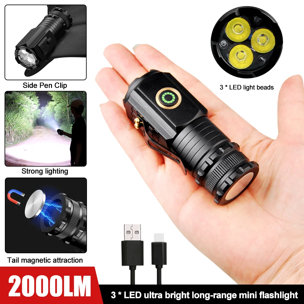 

Powerful Mini EDC P35 LED Flashlight 2000LM Super Bright Keychain Strong Light USB Rechargeable Torch Camping Lantern in Battery