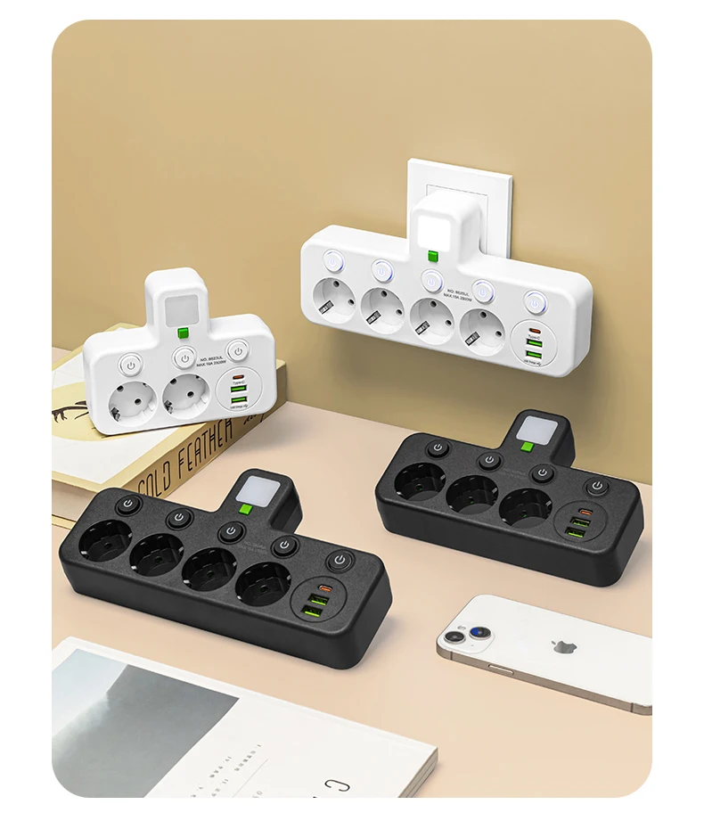 EU-Stecker-Steckdosenleisten. Zwei Spezifikationen mit oder ohne USB-Typ-C-Anschluss. Wandladegerät für das Heimbüro – Detail 32
