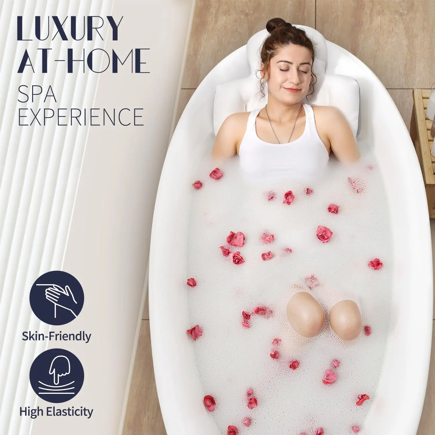 Almofada grossa para banheira de corpo inteiro com ventosas, branca 51 x 16 polegadas para suporte de cabeça, pescoço e costas