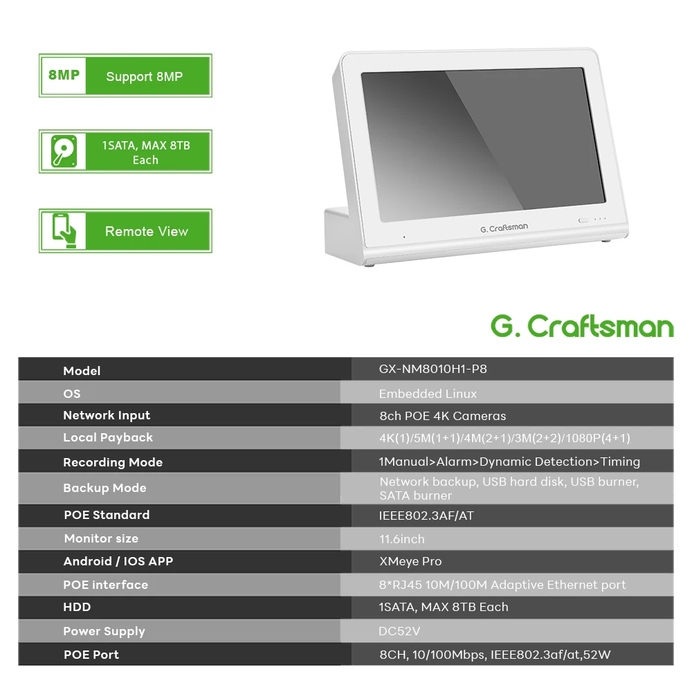 G.Craftsman 8ch POE NVR with Monitor for Shop & Store Network Video Recorder Register Recording IP Camera System Security XMEYE