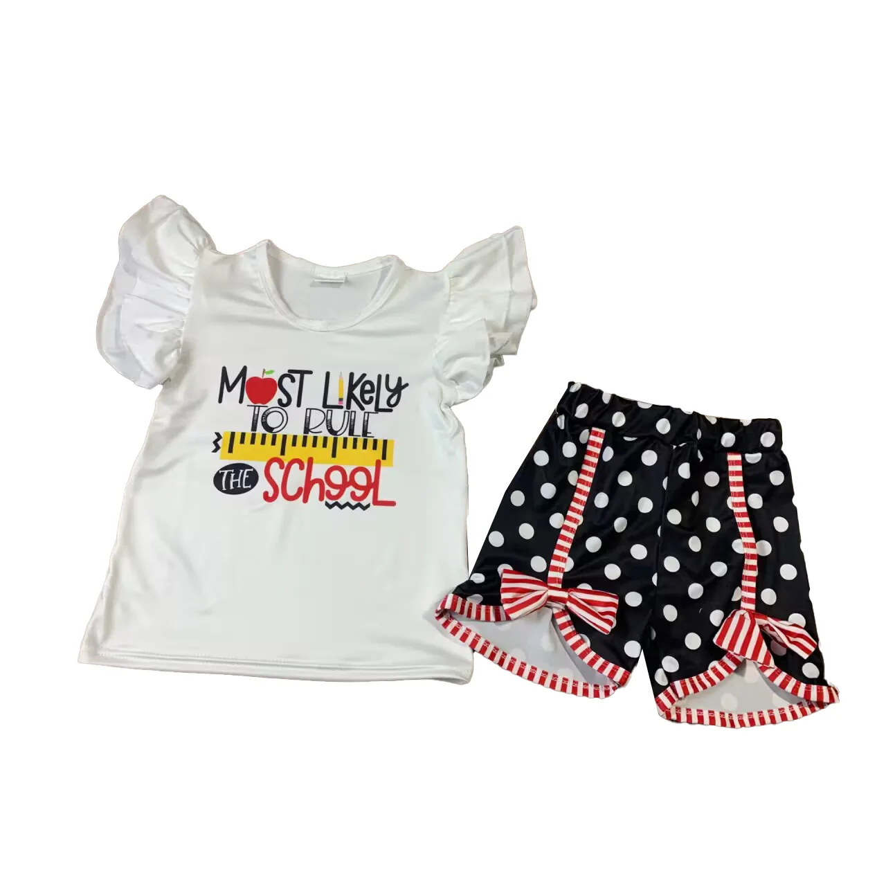 Boutique toddler girls clothing summer back to school outfits dot bow-knot shorts sets