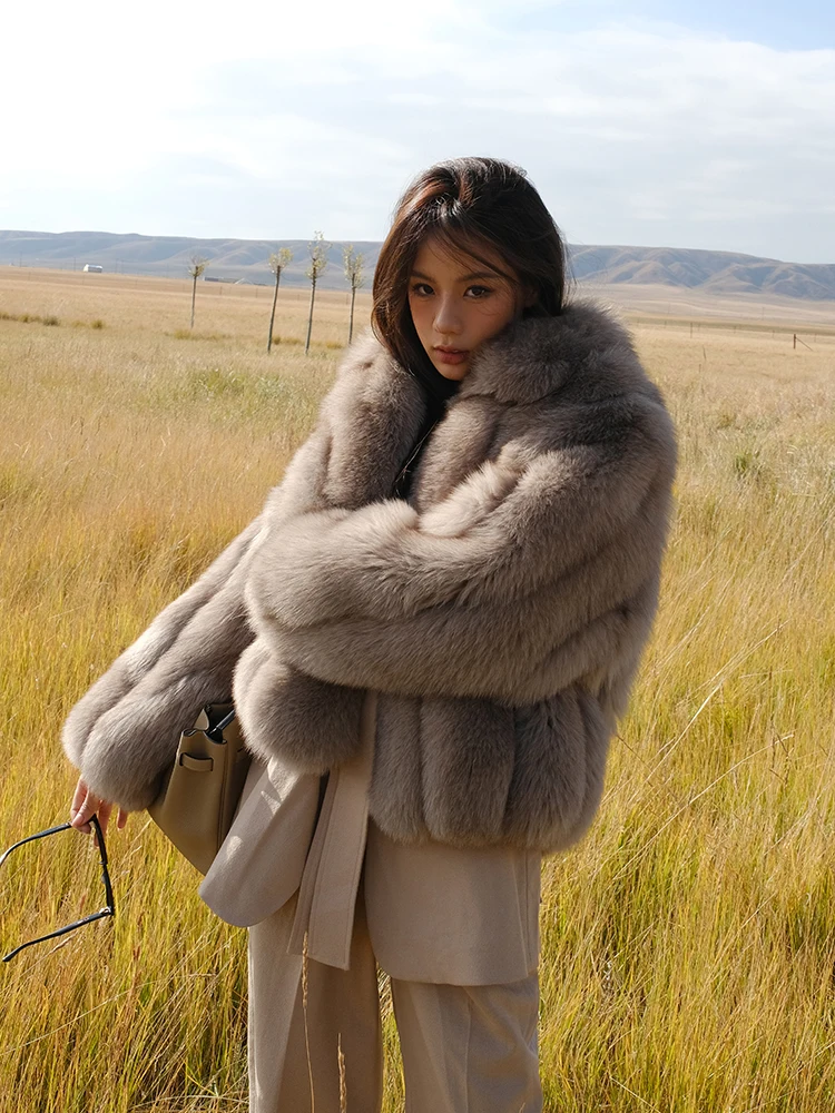 Luxury Women Natural Fox Fur Jacket With Lapel Collar Winter Fashion Woman Genuine Full Pelt Fox Fur Coats Female Outwear Trendy