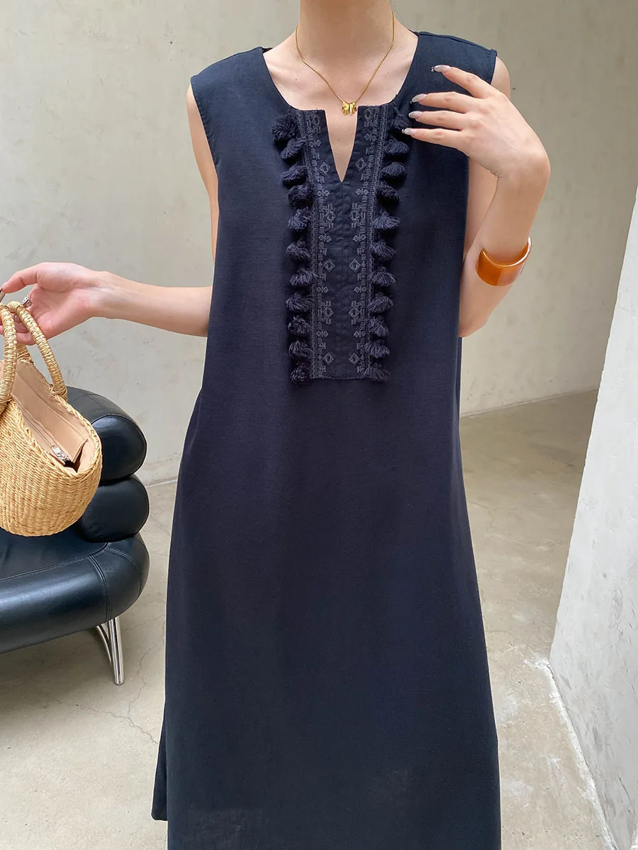 Sommerliches, lässiges, einfarbiges, ärmelloses Westenkleid für Damen mit V-Ausschnitt, Stickerei und Quasten – Detail 19