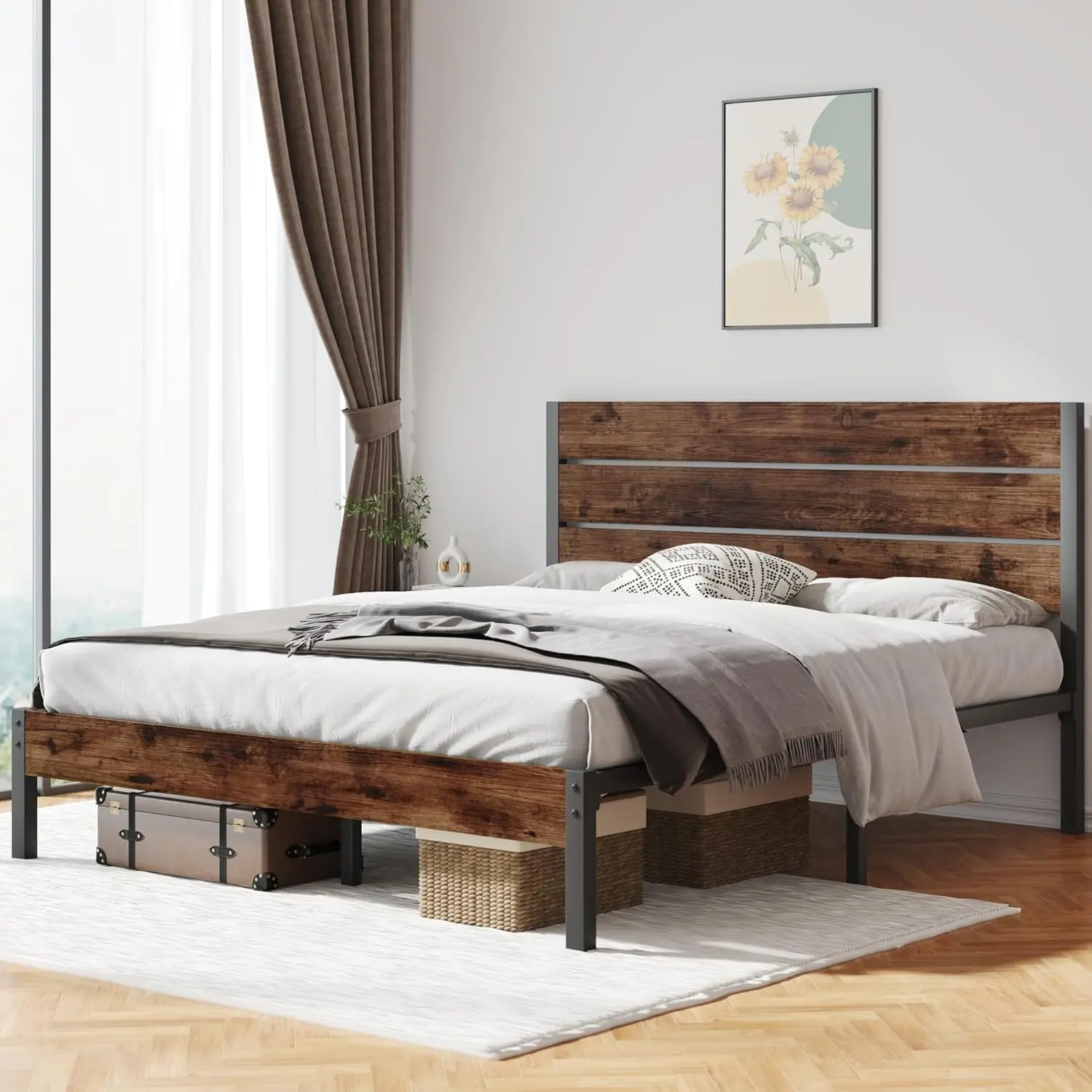 Groot Bedframe Met Hoofdeinde En Voetensteun, Alle Metalen Steun, Geen Boxsprings Nodig, Eenvoudig Te Monteren, Bruine Kleur