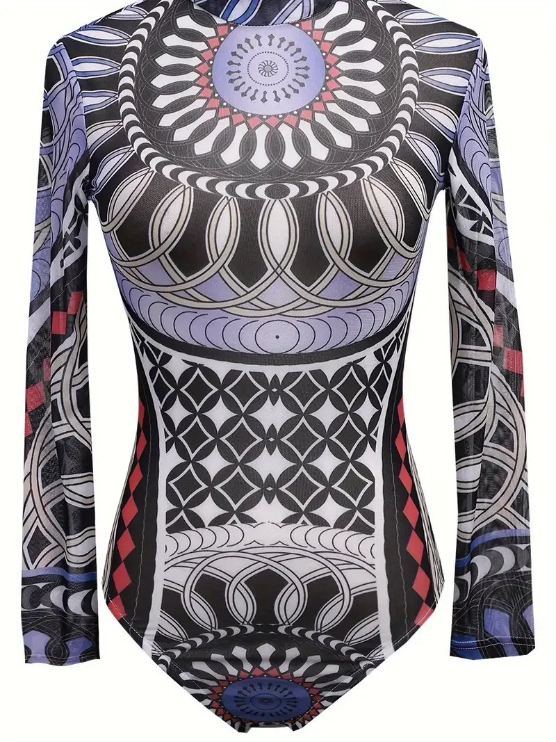 

Women's Long Sleeve Printed Wild Bohemian Bodysuit Swimwear Bodysuit Summer Festival Party Beach Spa Cosplay Costume Set New