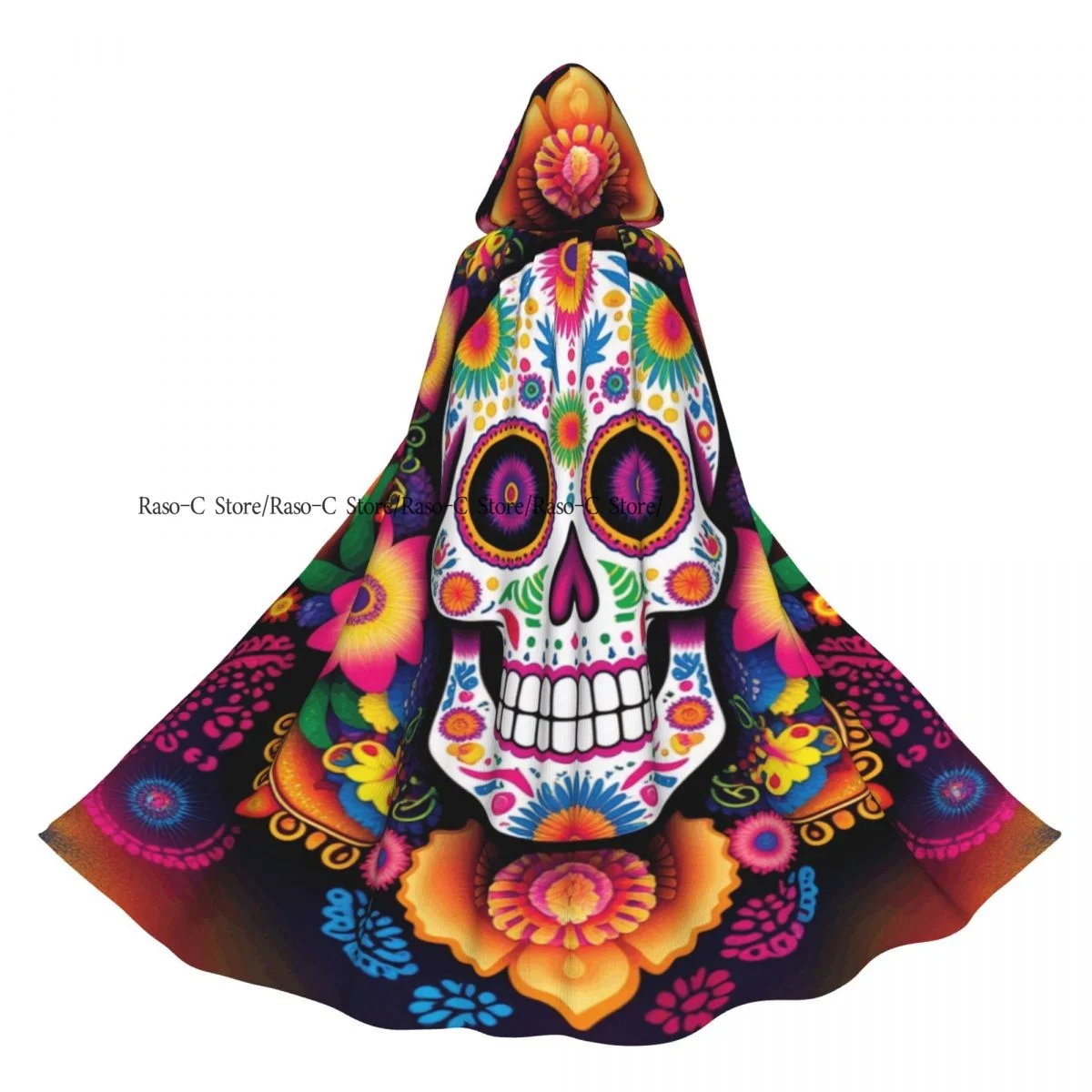 عباءة يوم الموتى على شكل جمجمة السكر المكسيكية للبالغين من الجنسين مع غطاء رأس طويل للساحرة #3