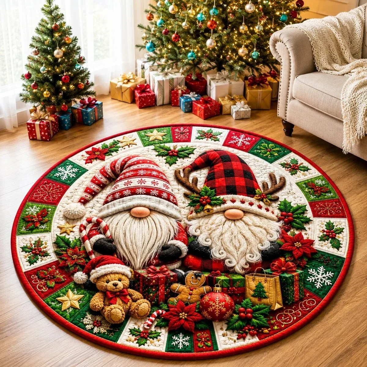 VIKAMA Three Gnomes Tomte Trio Quilted Round Rug Soft Flannel Non-Slip Bedroom Bedside Living Room Christmas Carpet Cozy Home