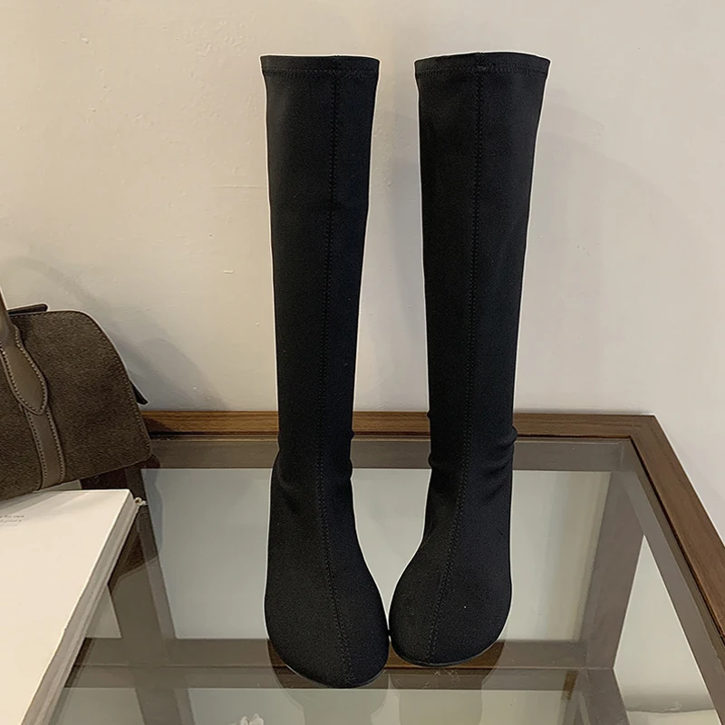 2026 الخريف الشتاء موضة سليم حذاء برقبة للركبة النساء جولة تو كعب مسطح مطاطا الجوارب الطويلة أحذية السيدات Zapatos De Mujer #4