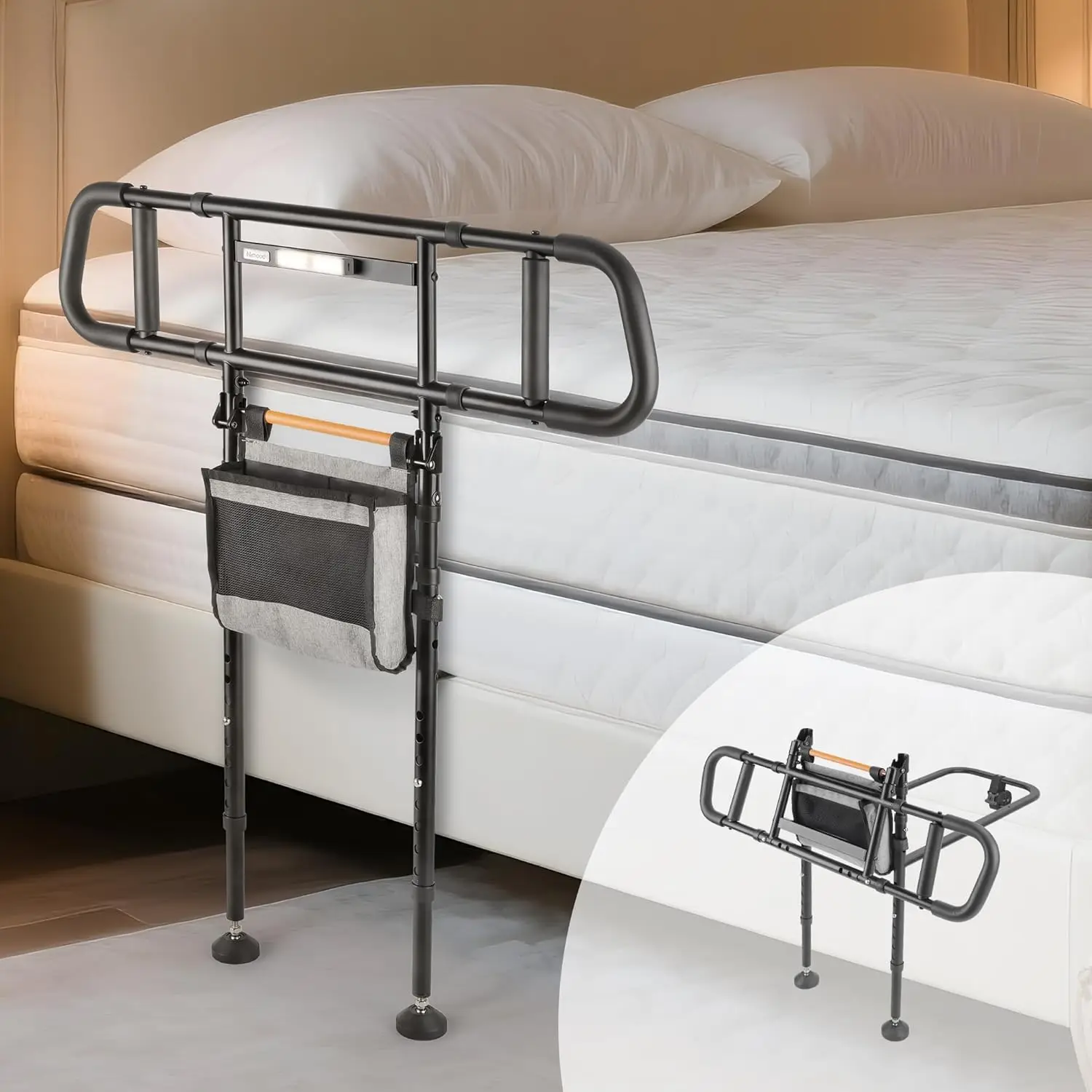 

Foldable Bed Assist Rail with Adjustable Height, Non-Slip Handrail for Elderly Safety and Fall Prevention