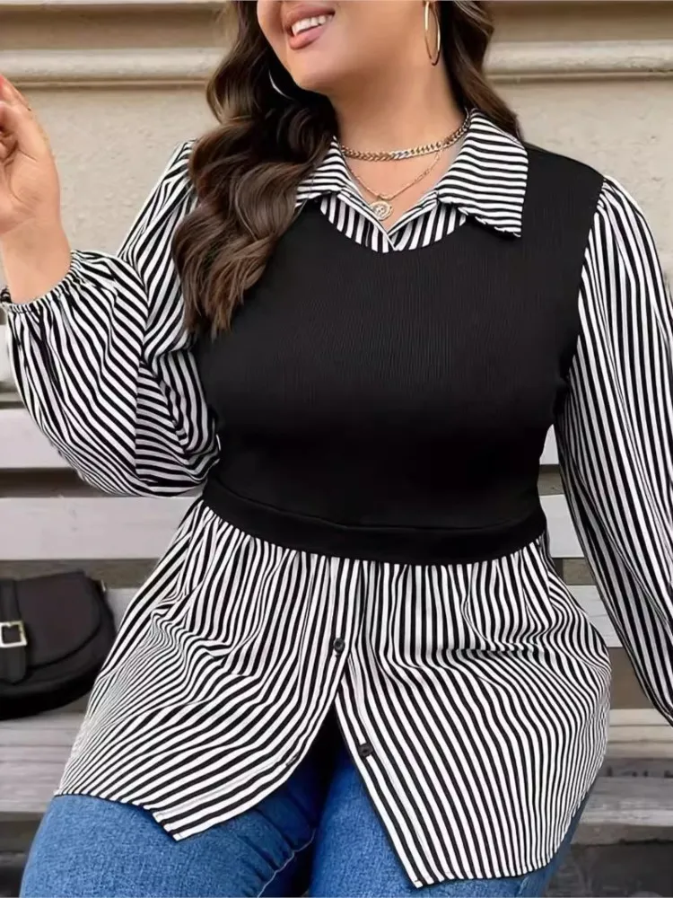 Plus Size Summer Fake Two Piece Set Shirts Tops Women Striped Print Patchwork Fashion Casual Ladies Blouses Loose Woman Shirts