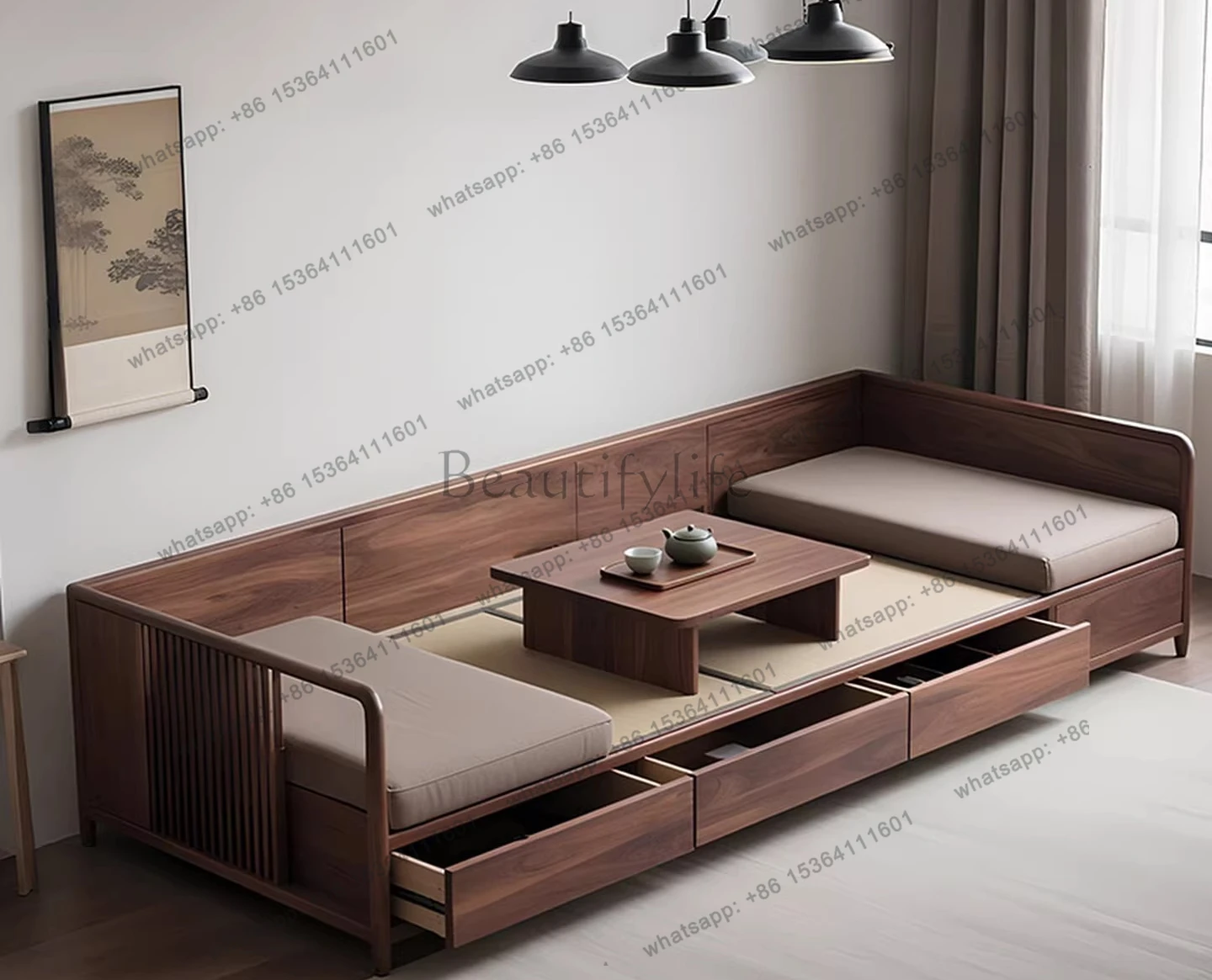 New Chinese black walnut wood arhat bed solid wood storage sofa Zen arhat couch