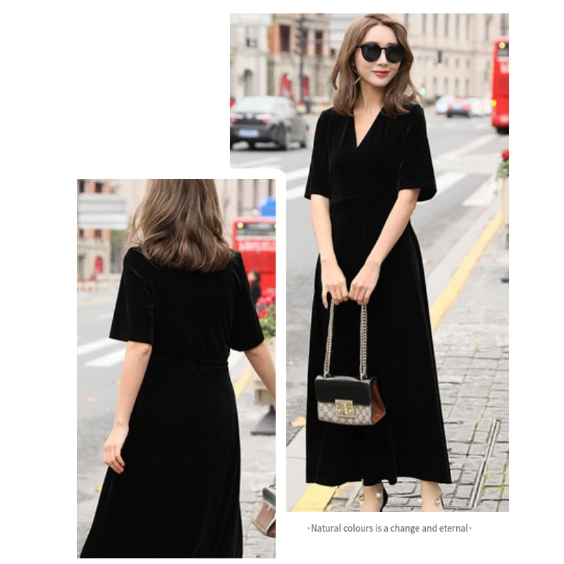 Silk Velvet Short Sleeve V-neck Dress Dark Green Mulberry Silk Long Skirt Temperament Simple Smooth Luster Soft Light Luxury