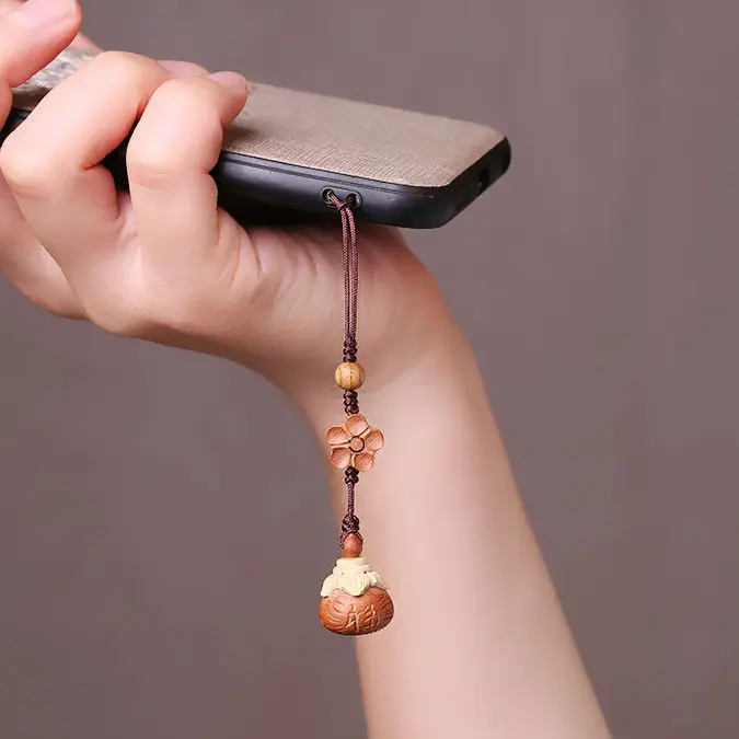Small Vintage Wooden Bell Pendant with Fortune Character Braided Rope Keychain Phone Chain USB Drive Key Ring Gifts