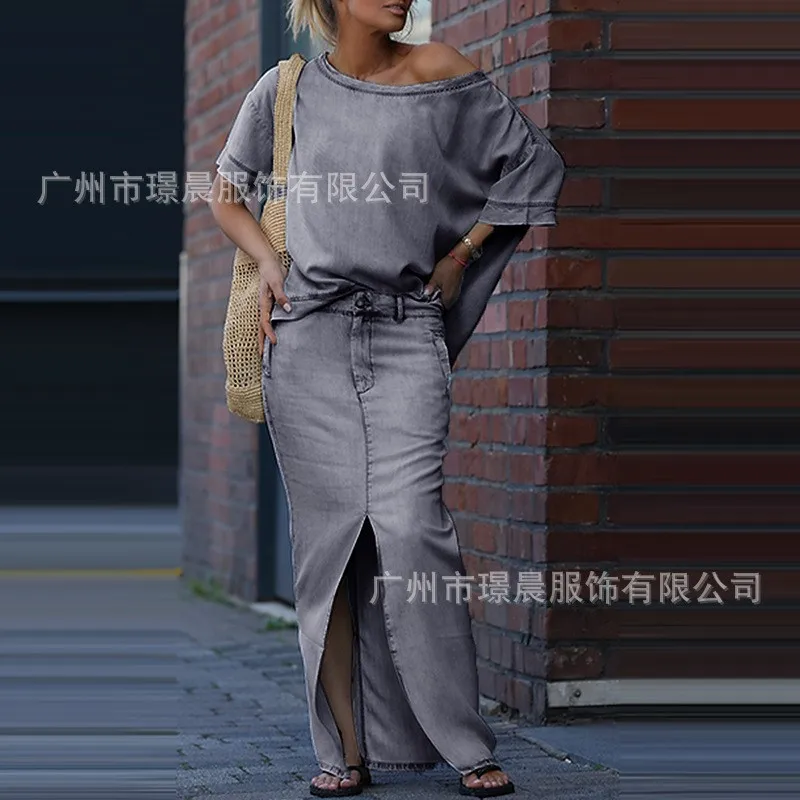 المرأة الربيع الصيف جديد 2 قطعة مجموعة بلون موضة قصيرة الأكمام بلوزات سبليت تنورة فستان أنيق الزي Conjuntos Femininos