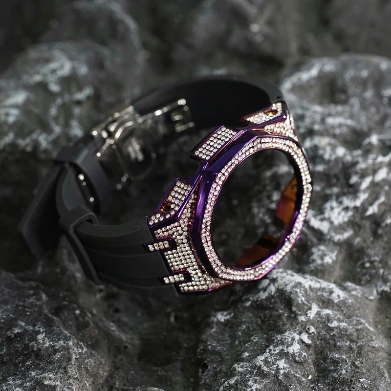 Black Rose gold Purple FUll diamond CASIOAK GA2100 GA2110 5A zirconia Watch Case mod kits bracelet with rubber strap set