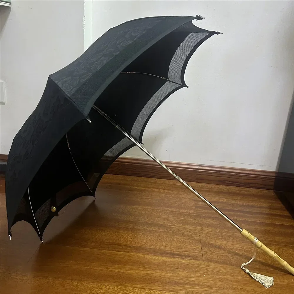 Black Vintage Elegant Lolita Girls Sunshade Dual-Folding Umbrella Travel Outdoor Foldable Sunscreen Sun Protection Umbrella