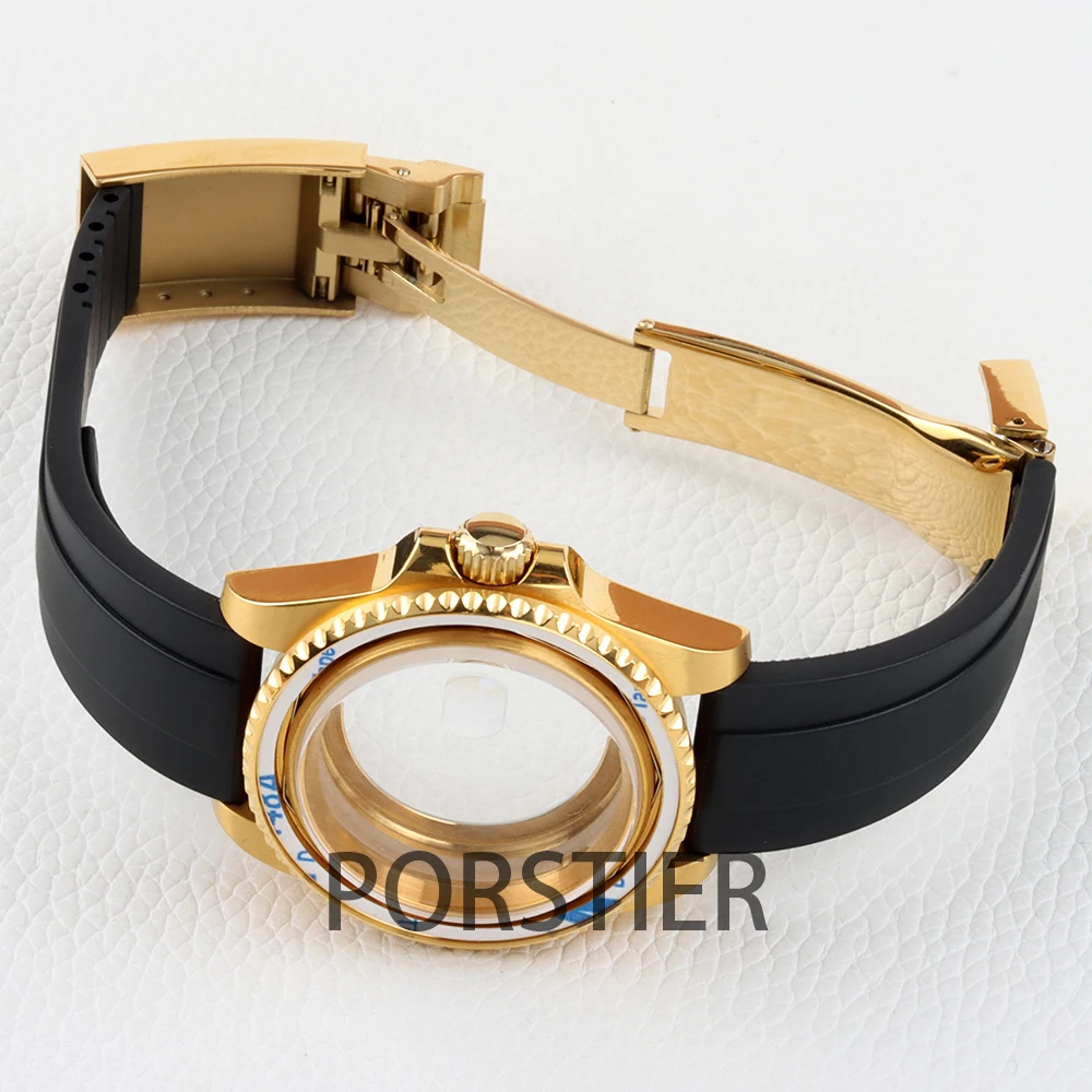 40mm Diver Watch Case for SUB GMT NH34 NH35 NH36 movement 28.5mm Dial Gold pvd Stainless steel Case Sapphire Glass Rubber Strap