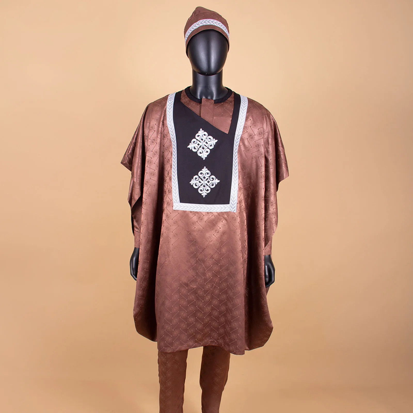 APTX African Fashion Men's Agbada Set 4 Pieces Robe+Shirt +Pants Set with Hat Wedding Business Wear TA2216119