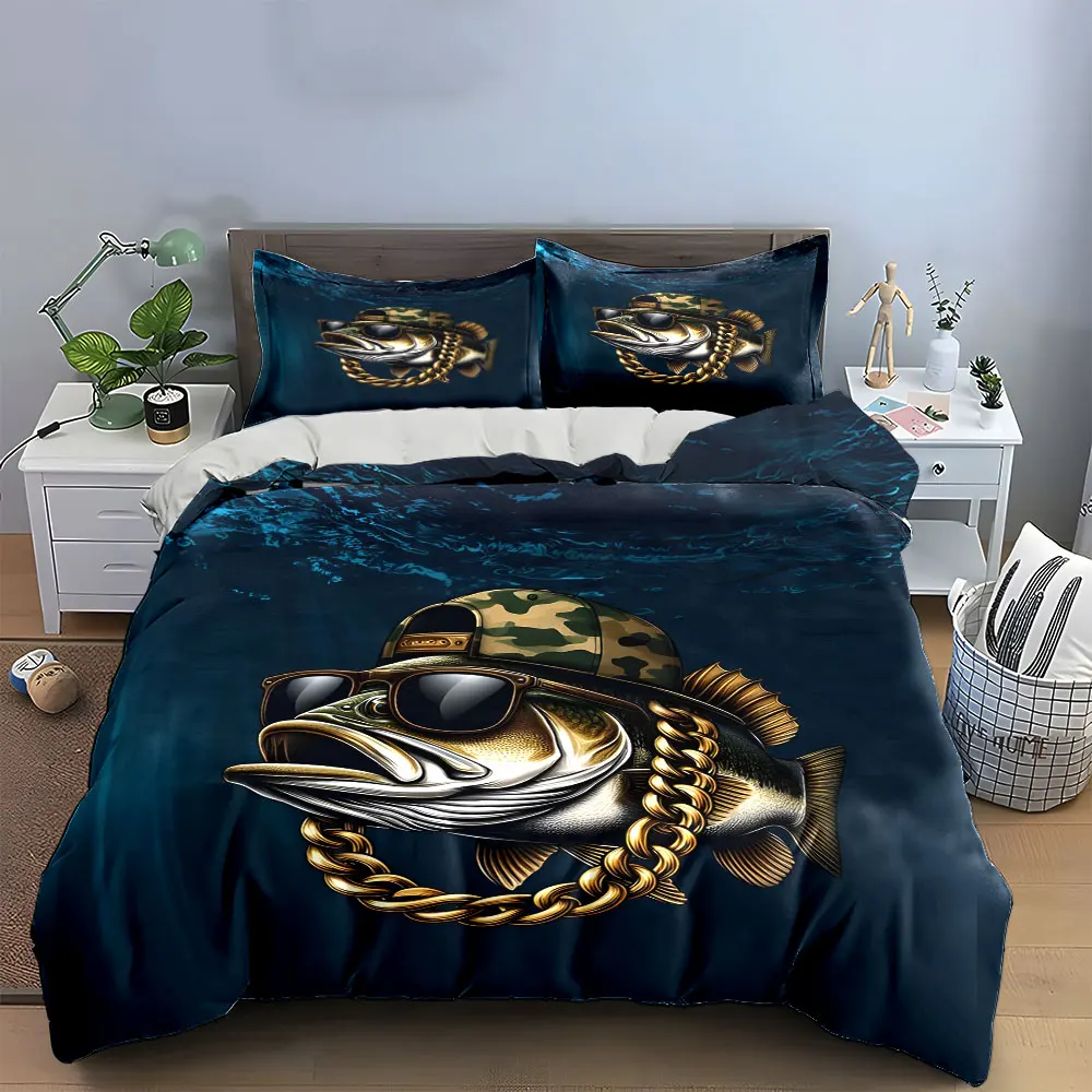 Cool Fish Decor Set Bedding Set with 1 Duvet Cover 2 Pillowcases Single Double King Queen, Gift