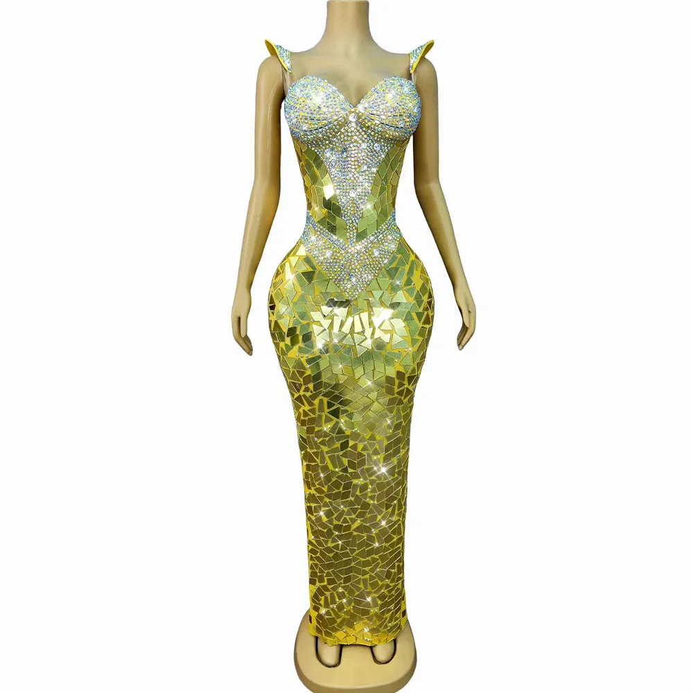 

Сексуальное высококачественное золотое блестящее платье со стразами и зеркалами на подтяжках, вечернее элегантное платье для красной ковровой дорожки, сценическая одежда для фотосессии