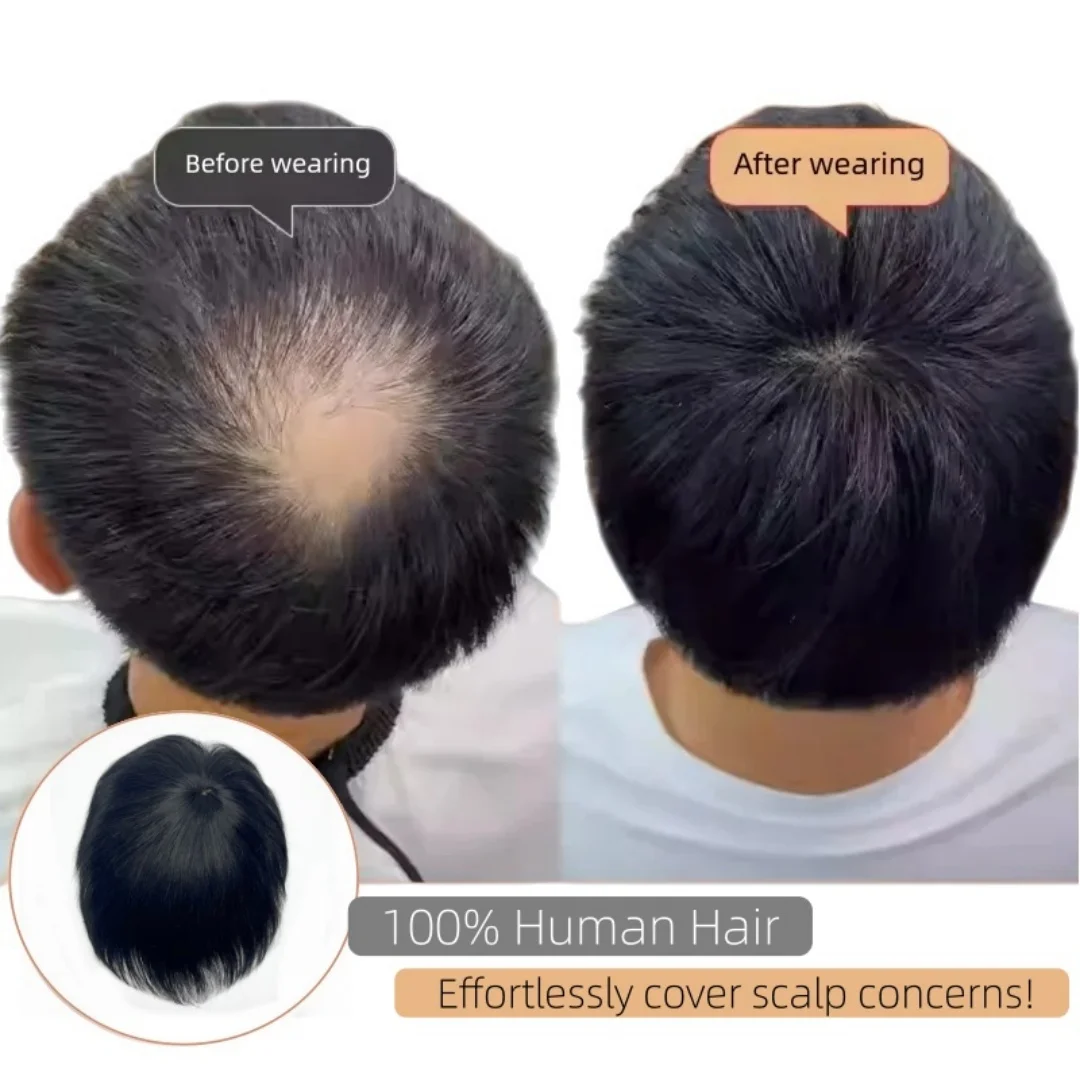 Rambut palsu pendek alami untuk pria, gaya rambut toupee hitam, rambut manusia, topper untuk pria, ekstensi rambut jepit untuk kebotakan dan kerontokan rambut