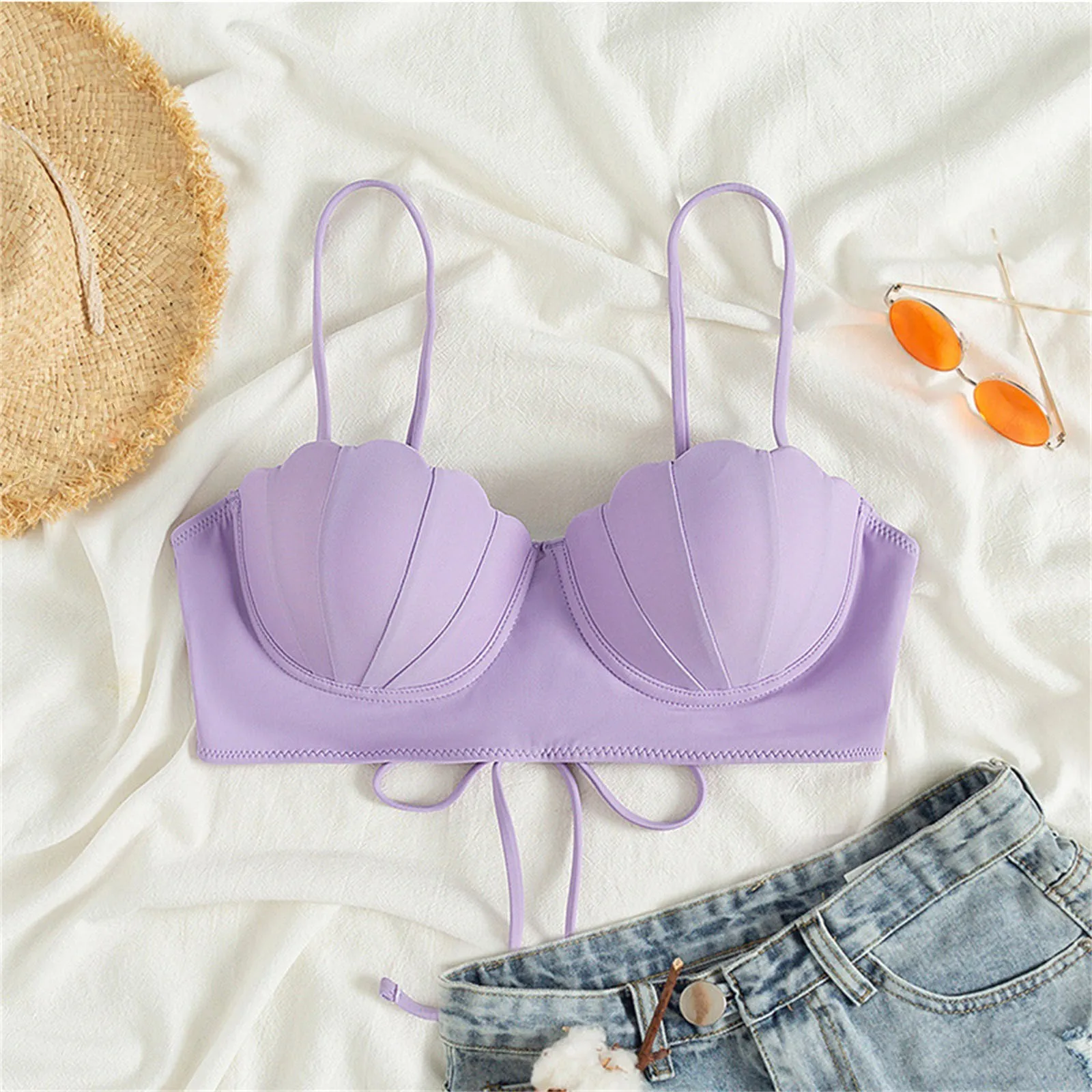 

Bikini Swimwear Tops Tankini Halter Summer Solid Colour Beach Casual Swimwear Tops Women Fashion Shell Bra Sexy Tie Bikini Tops