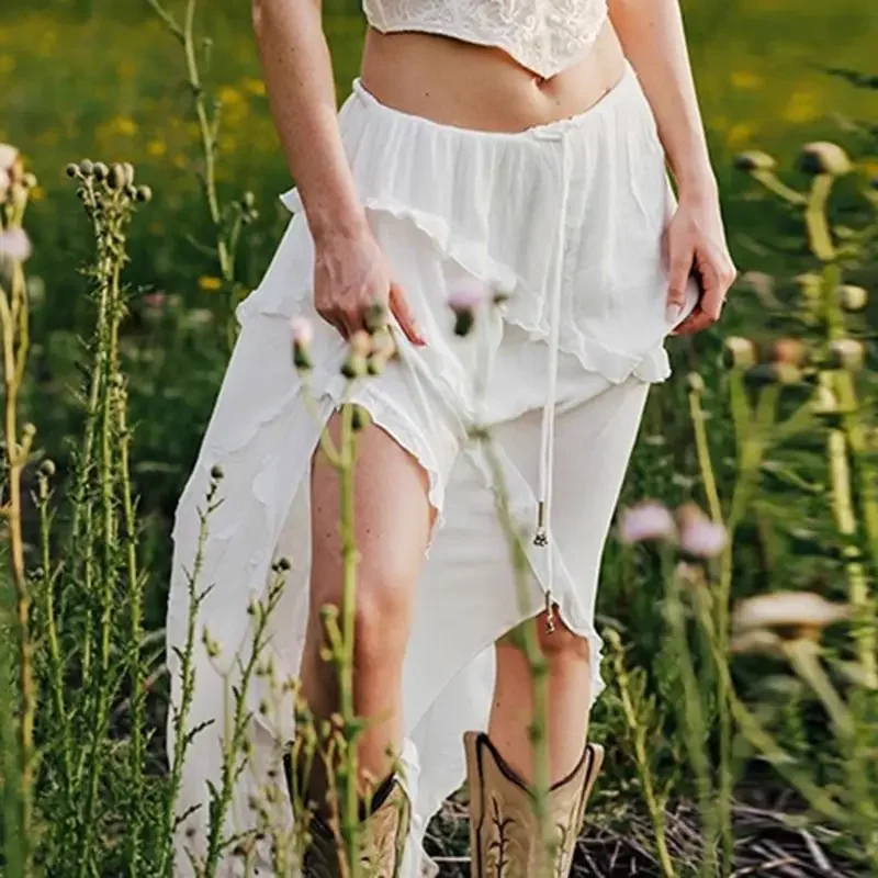 Design Sense White Half Body Skirt Women's Vacation Style Split Lotus Leaf Edge Fashion Long Dress