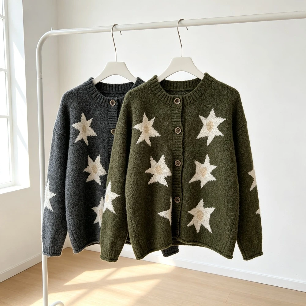 Girls Star Cardigan Sweater Oversized Longline Knit Coat Button Front Fuzzy Yarn Top Kids Vintage Lazy Style Autumn Winter Coat