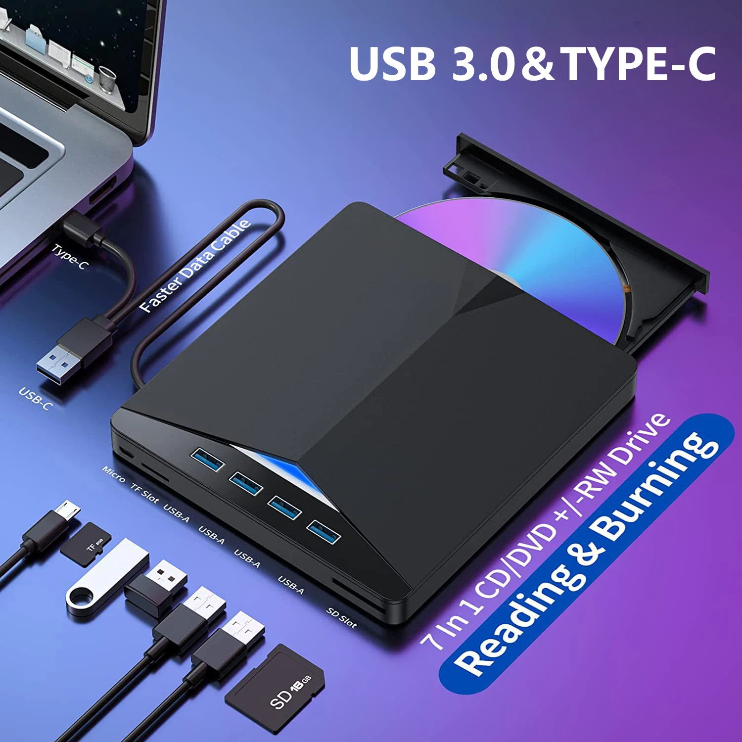 USB 3.0＆Type C External CD DVD RW Optical Drive 7in1 Multifunctional DVD Burner Reader Player Super Optical Drive For PC Laptop