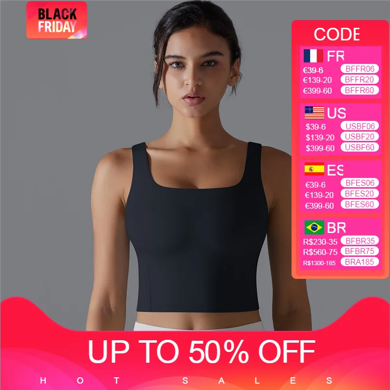 

Womens Square Neck Longline Sports Bra Gym Fitness Workout Crop Tank Tops Open Back Padded with Built in Shelf Yoga Bra Female