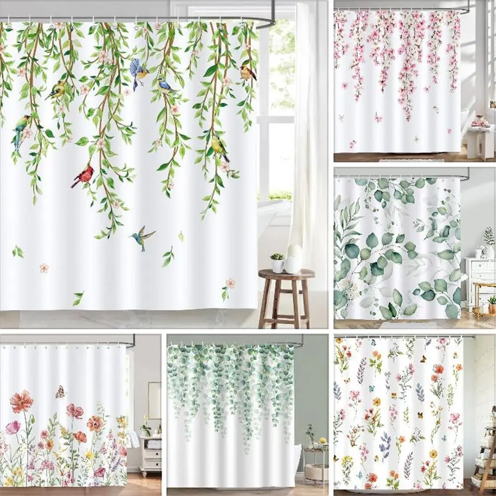 Green Leaves Birds Shower Curtain Spring Hanging Vine watercolour Leaf Bath Curtains Polyester Fabric Bathroom Decor with Hooks