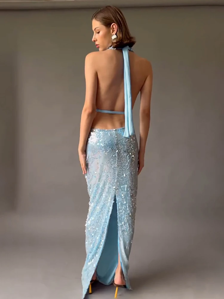 Nibber سوينغ طوق الترتر المرقعة فساتين طويلة امرأة ضمادة الرسن عارية الذراعين ثوب رداء منتصف الليل حفلة موسيقية أنيقة Vestidos