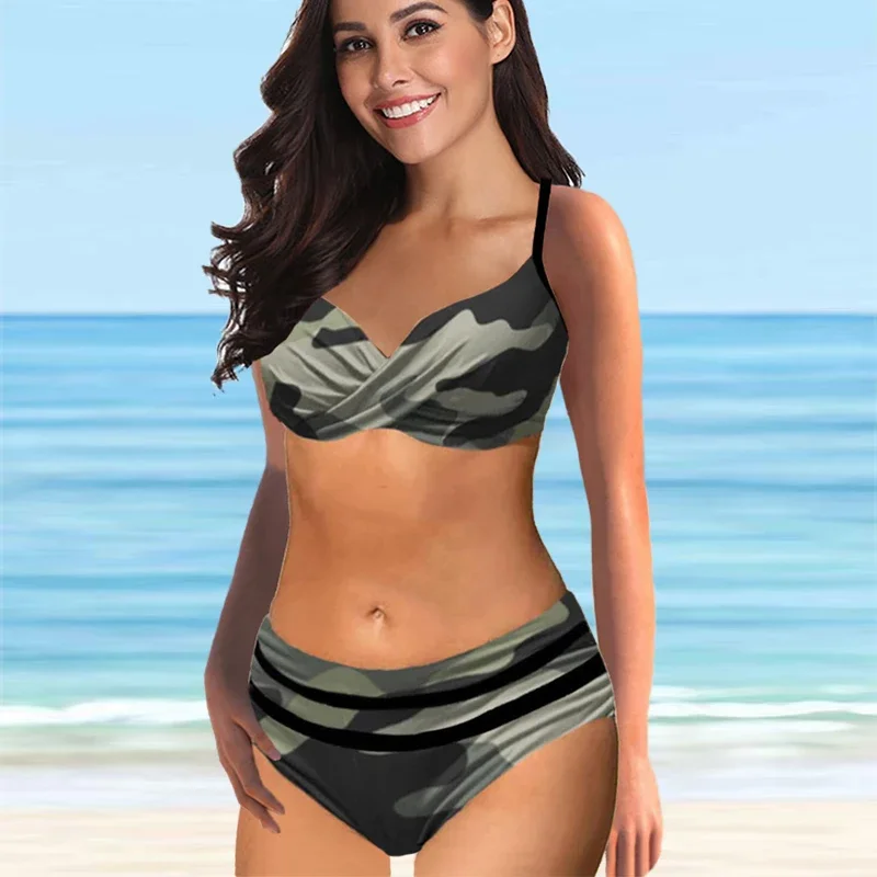 2 Piece High Waist Bikini Set Twist Front Underwire Top Striped Print Bottom  Camo Tropical Glitter Beach Bathing Suit Swimwear